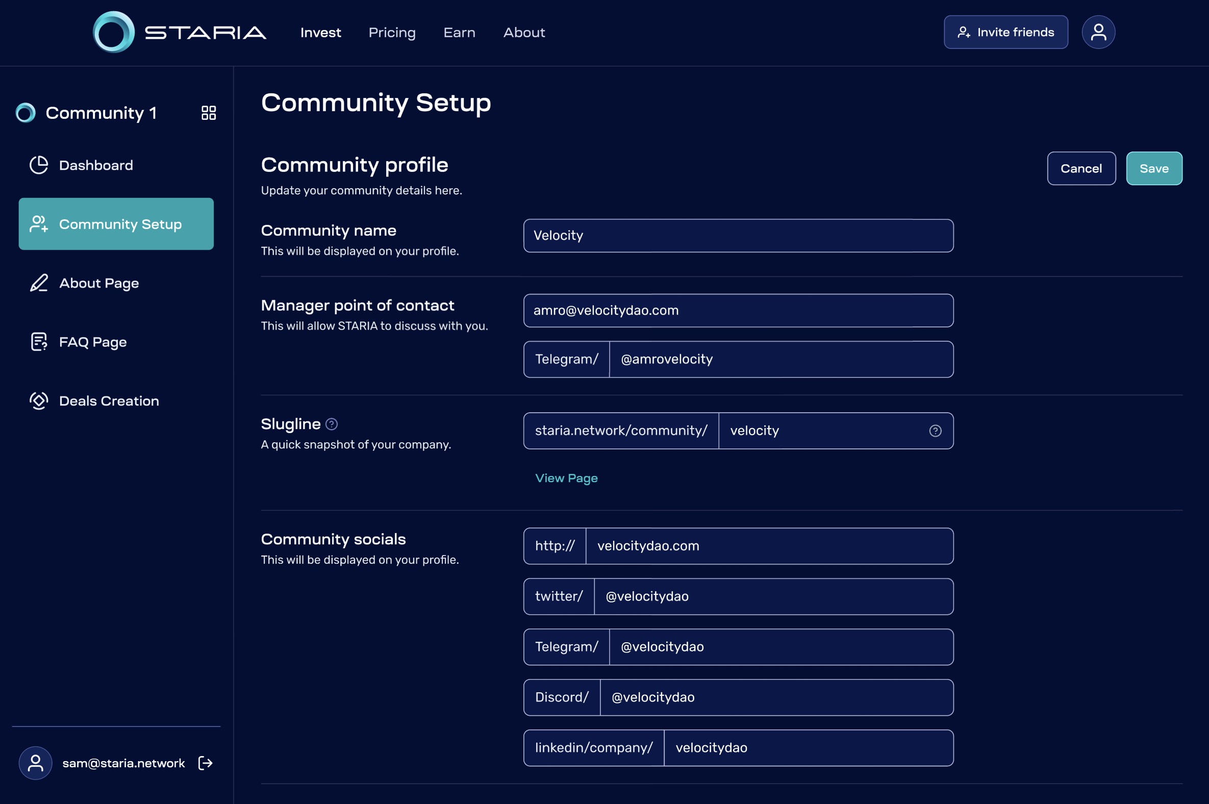 Community Setup page in dark mode