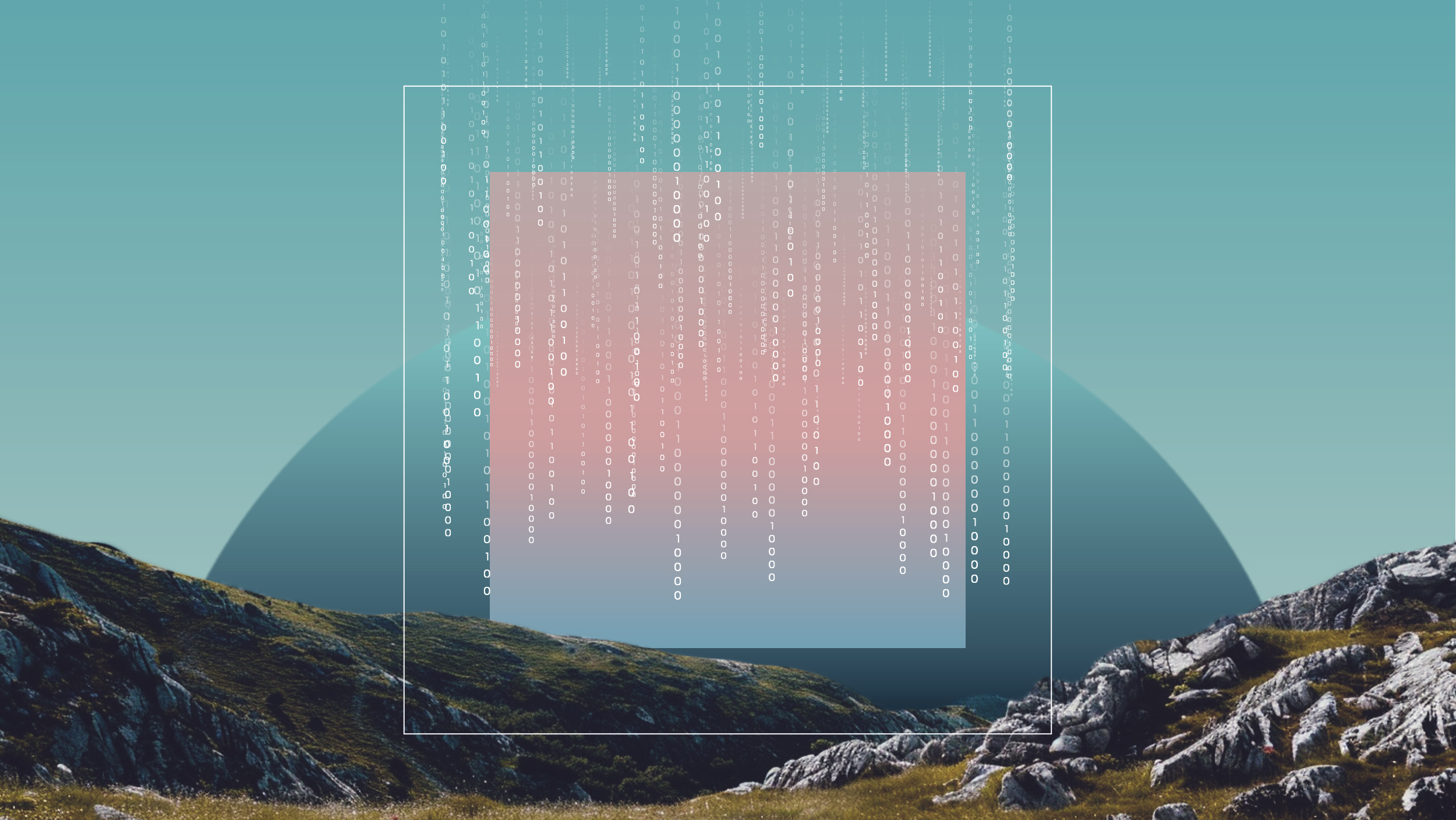 Hologram of a square hovering over mountains